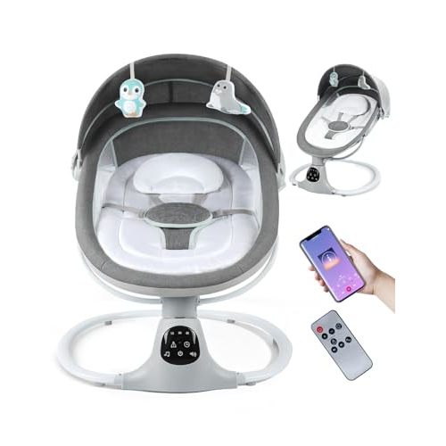 Electric Baby Swing for Infants to Toddler, Portable Swing Baby Rocker with 5 Point Harness, 5 Sway Speed, Bluetooth,12 Preset Lullabies with Remote Control, Infant Swing for Baby Boys & Girls, Grey