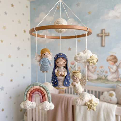 Personalized Virgin Mary Baby Mobile, Custom Mother Mary Nursery Bedroom Decor, Knitted Angel Crib Mobile, Rainbow Catholic Gift Blessing