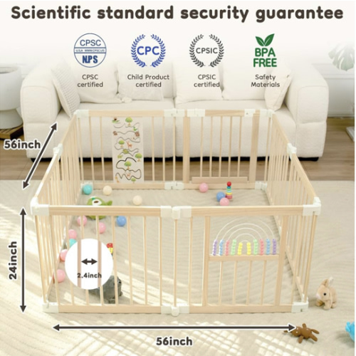Foldable Wooden Baby Playpen Activity Center,Adjustable Size & Shape Portable Play Yard, Baby Fence Play Area with Gate for Indoor Use for Babies and Toddlers(56x56x24inches)
