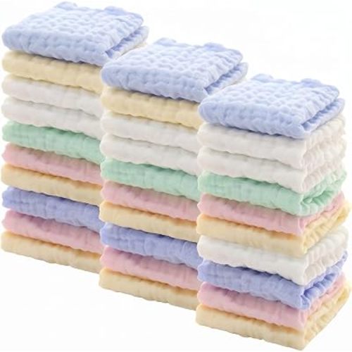Chumia 30 Pcs Baby Muslin Washcloths Muslin Burp Cloths Baby Towel Natural Cotton Burp Cloths Wipes Soft Newborn Face Towel Absorbent for Face Bath Shower, 12 x 12''(Blue, White, Green, Yellow, Pink)