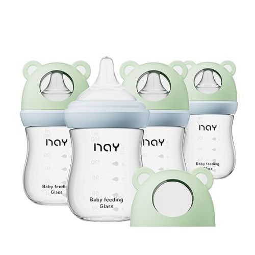 yanyoyo Natural Glass Baby Bottle for Breastfeeding Babies, 5.4oz Anti-Colic Baby Bottle with Natural Response Nipple(S), Clear, Wide Neck, 4 Pack, 1 Months+