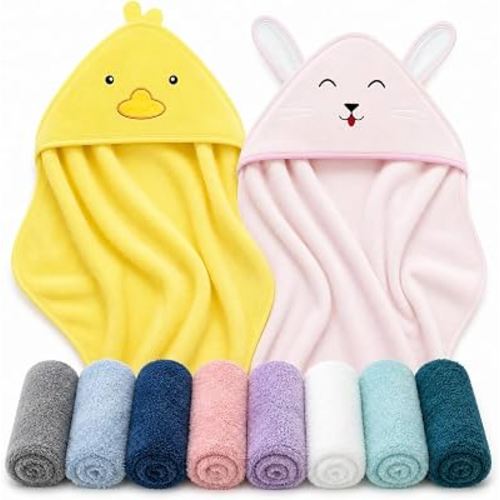 Cute Castle 2 Pack Hooded Baby Towel Rayon Made from Bamboo with 8 Washcloths - Soft Bath Towel for Bathtub for Babie, Newborn, Infant, Natural Baby Stuff Towel (Duck and Rabbit)