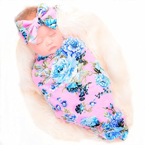 Newborn Receiving Blanket Headband Set Flower Print Baby Swaddle Receiving Blankets - Pink Rose