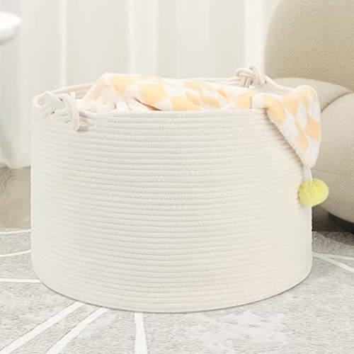 Large Blanket Basket (20"x13"), Woven Storage Basket for Dirty Clothes, Laundry, Living Room, Nursery, Bedroom - White