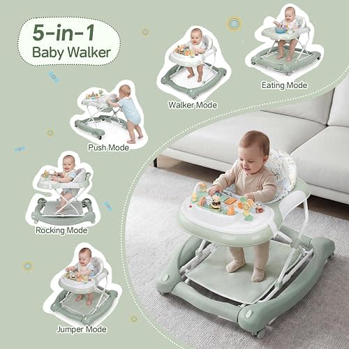 5 in 1 Baby Walker, Music and Lights Foldable Baby Walker with Wheels, 3 Adjustable Heights, with Bouncer Combo, Rocker, Activity Walker for Baby Boy and Girl 6-18 Months (Green)