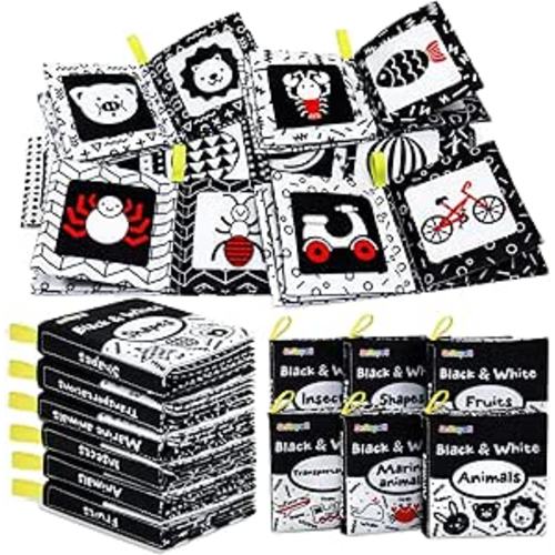 Soft Cloth Books Baby Books Bath Books 6-Pack for Baby Infant Toddler Kids High Contrast Black and White Crinkle Washable Chewable Non-Toxic Early Educational Giftable