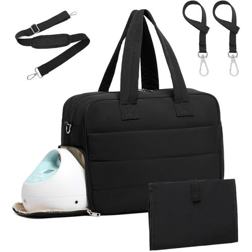 Black Diaper Bag with Breast Pump Laptop Compartment, Puffer Quilted Tote Bag with Baby Changing Pad Stroller Buckle Straps