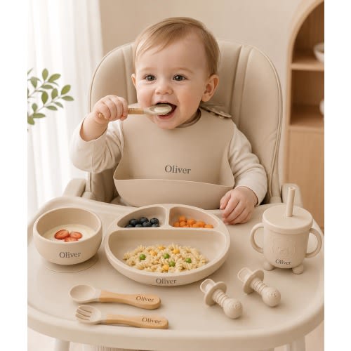 Custom Feeding Set with Name, Engraved Silicone Baby Weaning Set, Personalized Weaning Set, Toddler Bowl & Bib, Baby Plate, Baby Shower Gift