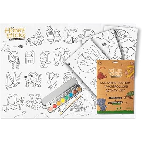 Honeysticks Kids Activity Set - 4 Giant Painting Posters Plus Non-Toxic Watercolor Paint Set with 8 Vibrant Colors and Paintbrush, Educational Painting Kits for Kids, Gifts for Ages 3-5