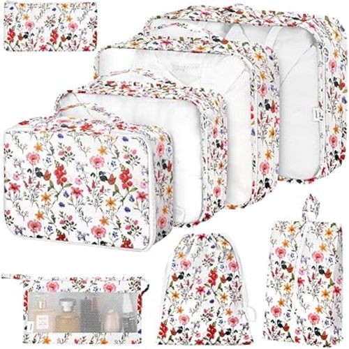 8 Set Packing Cubes for Suitcases, Packing Cube with Shoe, Cosmetics, Clothing, and Accessories Bags for Travel Luggage Organizer Women Men(Retro Flowers)