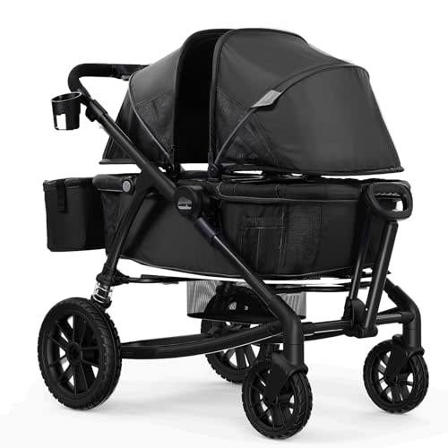 VEVOR Double Stroller, 2 Seats All-Terrain Wagon Foldable Expedition 2-in-1 Collapsible Wagon Stroller, Includes Canopy, Parent Organizer, Snack Tray & Cup Holders, 55lbs for Single Seat, Black