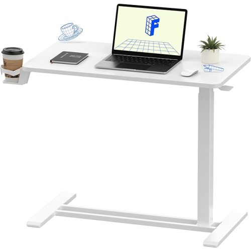 FLEXISPOT H7 Adjustable Overbed Bedside Table with Wheels Pneumatic Mobile Standing Laptop Desk Rolling Computer Cart Movable Overbed Table Hospital Home Use (31.5" W x 17.7" D, White Large)