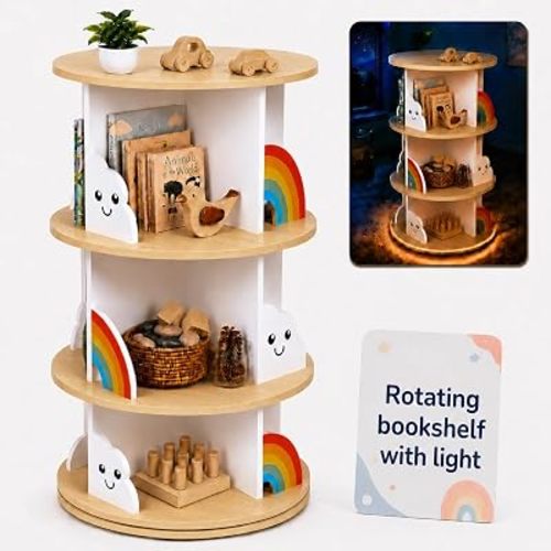 pimlyo® Rotating Bookshelf Kids with Removable Light, Spinning Book Shelf for Kids Rooms for Toddler Kid Room Storage, Small Wooden Round White Tower Bookcase for Nursery Bedroom Playroom Rooms