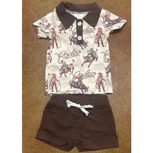Rodeo Baby Outfit: Cowboy & Bull Print Polo Shirt with Brown Shorts