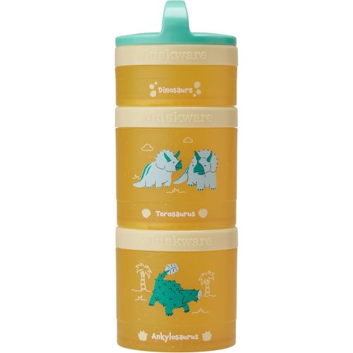Whiskware Dinosaur Stackable Snack Containers for Babies, Kids, and Toddlers, 3 Stackable Snack Cups for School or Travel, Cupholder Friendly, Blue/Yellow