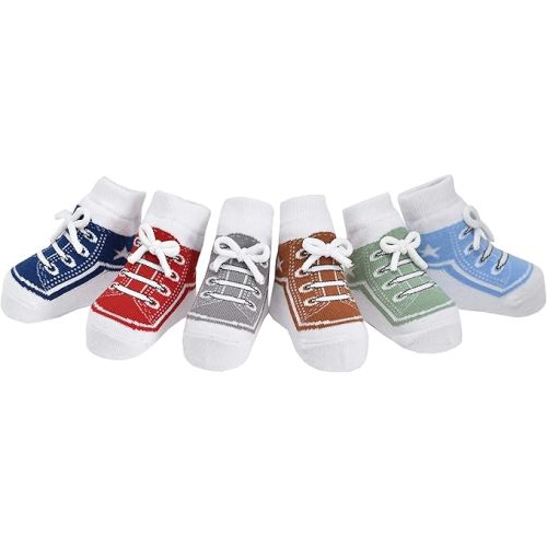 Baby Boy Socks with Sneaker Shoe Look-Non-slip Gripper Soles-3 or 6 Pairs-Cotton-Gift Packaged-Baby Shower-Faux Shoelaces