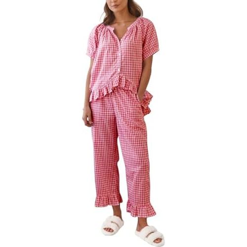 Gihuo Gingham Pajama Set for Women 2 Piece Plaid Cotton Button Down Top and Pants Ruffle Babydoll Pjs Lounge Sets