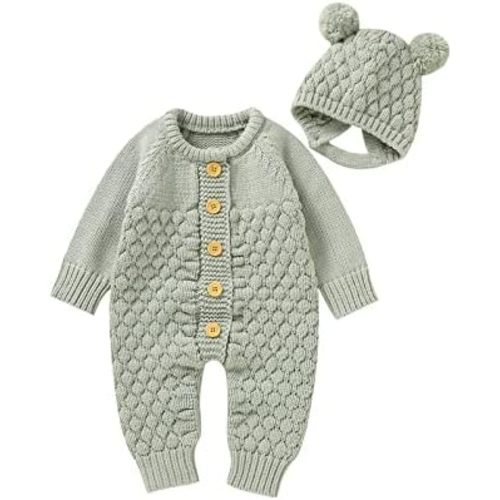 Newborn Baby Boy Girl Winter Clothes Knitted Sweater Romper Crewneck Solid Color Jumpsuit Hat Infant Fall Outfit