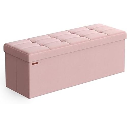 SONGMICS MAZIE Collection - 43 Inches Folding Storage Ottoman Bench, Ottoman Foot Rest, End of Bed Bench, Storage Chest, Load 660 lb, for Living Room, Bedroom, Entryway, Jelly Pink ULSF077R11