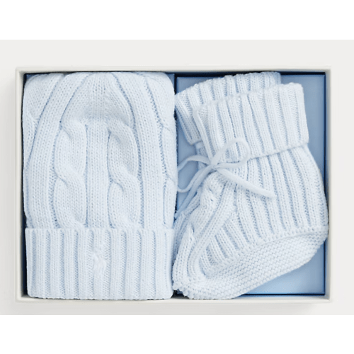 Cable-Knit Cotton Beanie & Bootie Set
Size: 0-3 months
