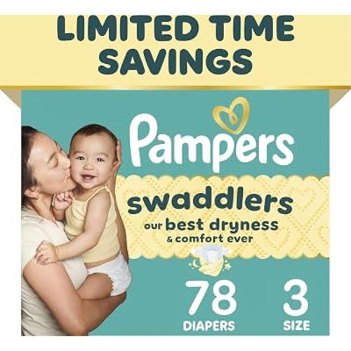 Pampers Swaddlers Diapers, Size 3 (13-26 lbs), 78 Count, Fragrance Free, Hypoallergenic, Absorbent, Pediatrician Recommended, Skin Safe