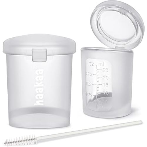 haakaa Silicone Measuring & Feeding Lidded Cup(pre-sterilised)-25ml-2pcs, 3-in-1 Colostrum Collection Cup for Collect, Store & Feed, Premium Silicone Maded, with Tube Cleaning Brush