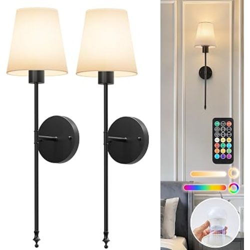 Brightown Battery Operated Wall Sconce Set of 2,Wireless Rechargeable Wall Lights with Dimmable Magnetic Bulbs and Remote for Living Room,12 Colors Black Wall Lamp for Bedroom Hallway Decor
