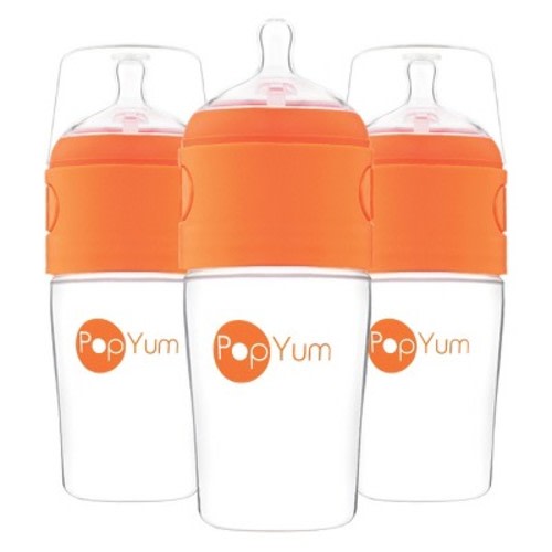 PopYum 9oz Anti-Colic Baby Bottle for Breast and Formula Feeding, 3-Pack, Orange, #2 Medium Flow Nipples
