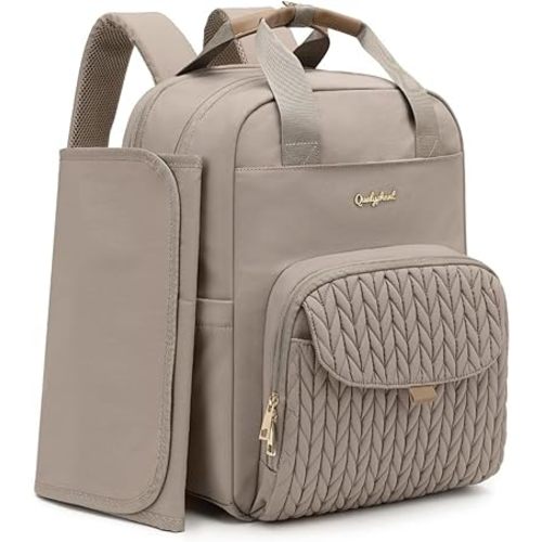 Extra Large Diaper Bag Backpack for Two Kids Twins - Expandable (26-36L) Baby Bag for Mom Girls Boys, Dual Big Compartments - Includes Changing Pad & Stroller Straps, Khaki, Quilted