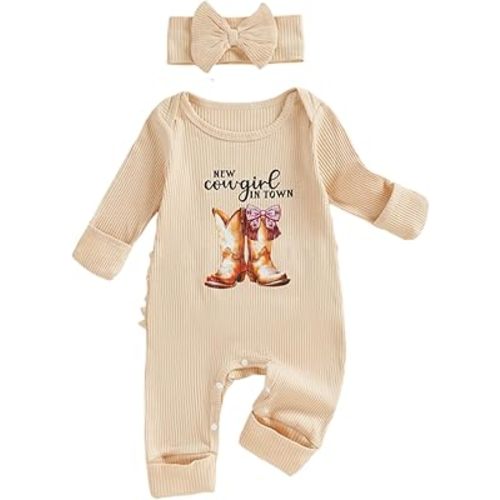 FIOMVA Im New Here Newborn Outfit Girl Long Sleeve Letter Romper Ribbed Knit Jumpsuit Baby Girl Preemie Coming Home Outfit