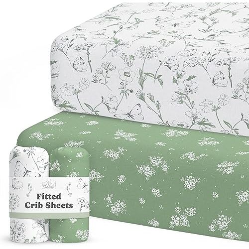 Crib Sheets Neutral - Fitted Baby Crib Sheets Bed for Girl Boy - 2 Pack Standard & Toddler Mattress (Butterfly Garden) - Buttery Soft Organic Cotton Blend