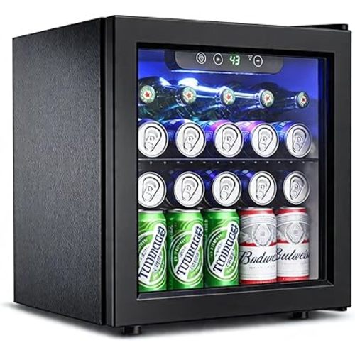 Feelfunn 50 Can Beverage Refrigerator Cooler - 1.3 Cu.Ft Mini Fridge with Glass Door, Soda Beer Drink Wine Fridge, Countertop Small Refrigerator for Bedroom Office Home Dorm Bar, Black