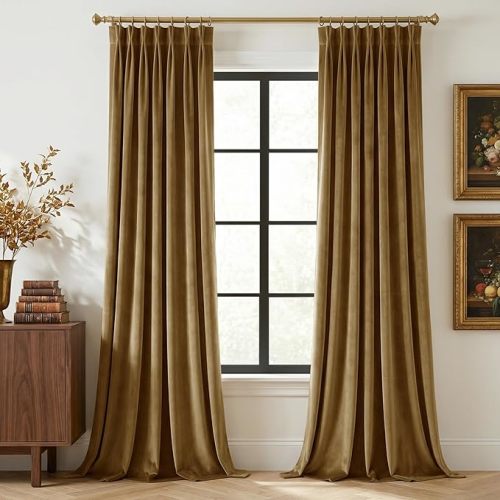 Gold Brown Pinch Pleated Curtains 108 inches, Super Soft Velvet Window Drapes with Privacy Vertical Floor to Ceiling Fall Curtains for Bedroom Office, W40 x L108, 2 Panels