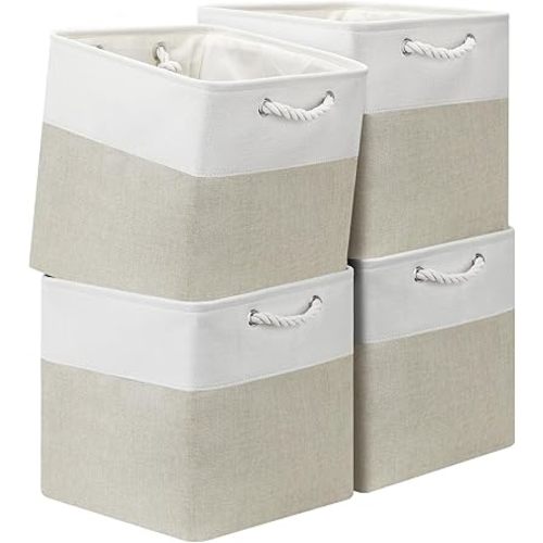 13x13 Storage Cube Bins 4Pack,Collapsible Cube Storage Organizer for Closet, Fabric Storage Box w/ Rope Handles, Foldable Storage Baskets for Shelves, Clothes,Closet Organization - White/Coffee