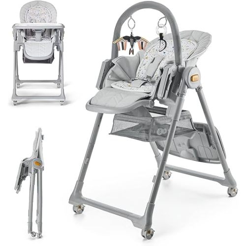 Kinderkraft LASTREE Foldable Baby High Chair for Babies and Toddlers with Reclining Function, Play Bar, Adjustable Tray and Footrest in Grey