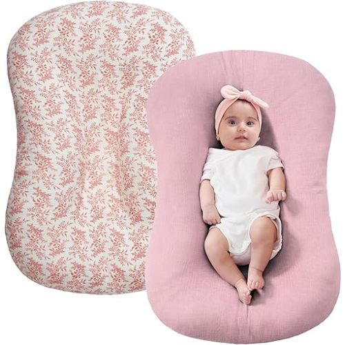 FUNUPUP Muslin Baby Lounger Cover Compatible with Snuggle Me Lounger, Infant Pillow Cover for Newborn, Removable Nest Slipcover for Boys and Girls, Only Cover, Pink & Pink Leaves