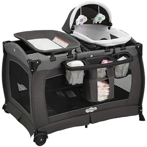 Pamo Babe Pack and Play 4-in-1 Baby Playard with Bassinet & Changing Table,Foldable Portable Playpen with Mattress,Travel Crib for Newborn to Toddler 0-36M-Grey