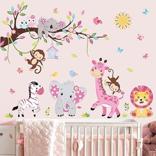 wondever Pink Animal Tree Branch Wall Decals Elephant Lion Wall Stickers