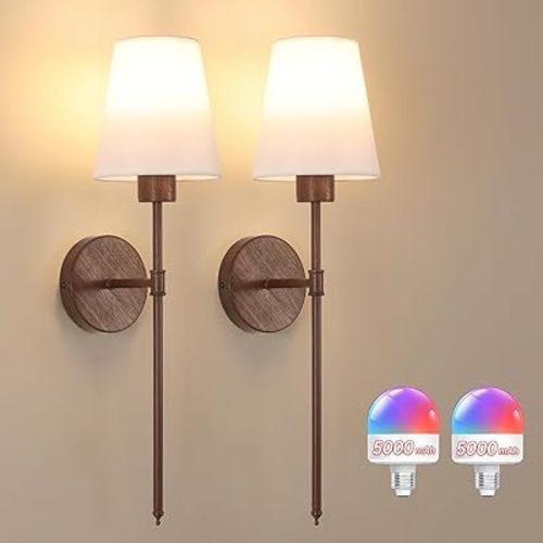 Shenmoyl Battery Operated Wall Sconces Set of 2, Walnut Color Wall Lamp 5000 mAh Rechargeable Bulb with 12 RGB Colors Dimmable Wall Sconce for Living Room Bedroom