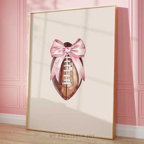 Football with Pink Ribbon - Romantic Fall Wall Art Printable, Vintage Football Painting for Girl’s Room, Country Sports Decor Art 10