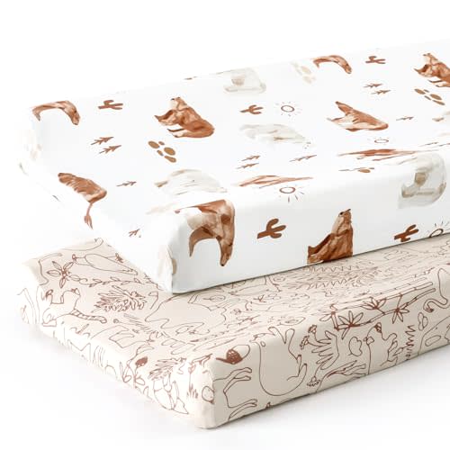 GRSSDER Stretchy Ultra Soft Jersey Knit Changing Pad Cover Set 2 Pack, Change Table Pad Covers Fit 32"/34" x 16" Pads Safe and Snug, Cute Diaper Changing Pad Covers of Sunny Bear Print