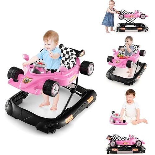 BABY JOY 4-in-1 Baby Walker, Foldable Activity Walker with Adjustable Height, Music & Lights, Anti-Rollover, Toddler Push Walker, Baby Walker with Wheels for Boys Girls 6-14 Months (Pink)