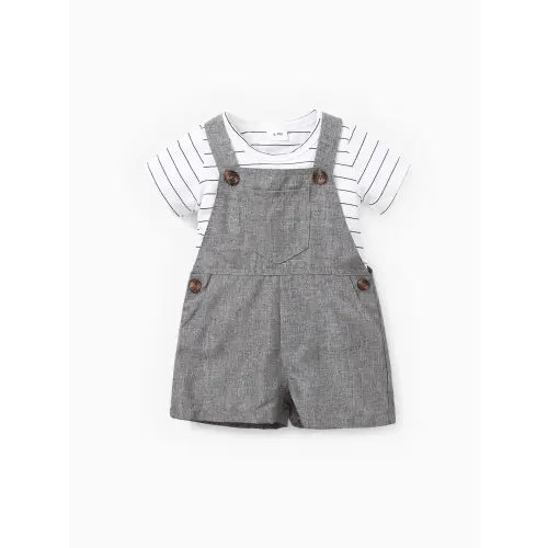2pcs Stripe Print Pocket Decor Short-sleeve Baby Set