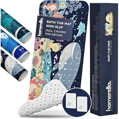 Bath Tub Mat Non Slip Anti Mold for Kids BPA Free INCL Hooks - homerella® Ocean Sea Animals 40x16, Baby Bath Mat Non Slip 200 Suction Cups, Non Toxic Machine Washable Toddler Bath Mat, EU Certified
