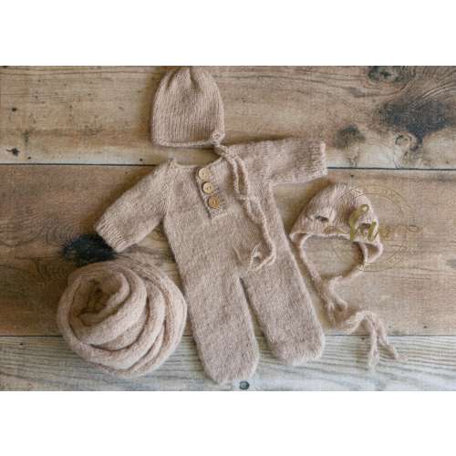 Handmade Alpaca Wool Newborn Photo Prop Set: Cream Brown Romper, Hats & Wrap