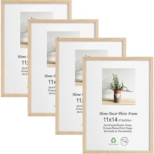 LYYYXGYP 11x14 Wood Picture Frame Set of 4 Natural Solid Oak Wood Photo Frame Beige Wooden Poster Frame with Plexiglass for Gallery Art Collage Wall Decor