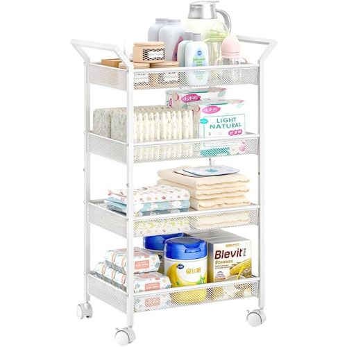 4-Tier Baby Diaper Cart, Diaper Caddy Organizer Cart, Rolling Utility Cart for Baby Supplies, Diaper Cart with Wheels for Bedroom, Nursery, Changing Table, White