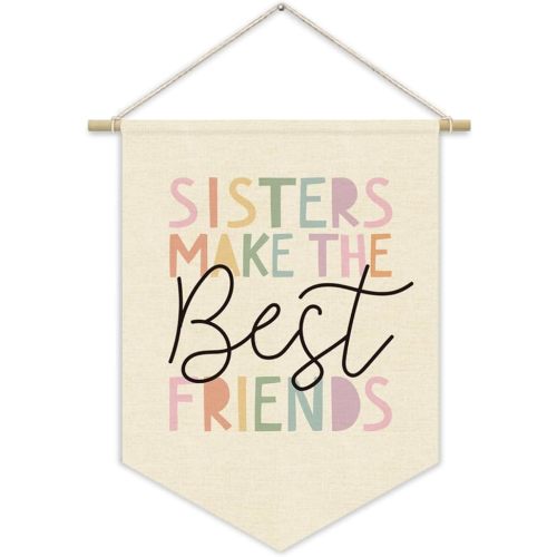 Girls Room Wall Art Decor,Toddler Girl Room Cute Pink Nursery Bedroom Playroom Canvas Banner Decorations,Sisters Make The Best Friends Wall Hanging Pennant Flag Banner