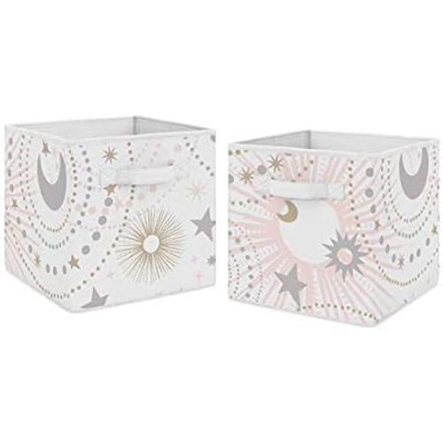 Sweet Jojo Designs Set of 2 Collapsible Fabric Storage Cubes (Star and Moon) for Girls, Baby, Kids, Childrens Foldable Bins Organizer Boxes Toys (Pink & Grey, Celestial Sky, Stars, Moons, Shabby Chic)