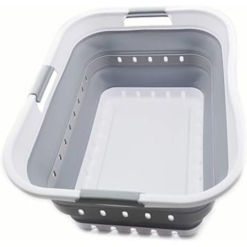 SAMMART 42L (11 gallon) Collapsible Plastic Laundry Basket - Foldable Pop Up Storage Container/Organizer - Space Saving Hamper/Basket (1, White/Grey)